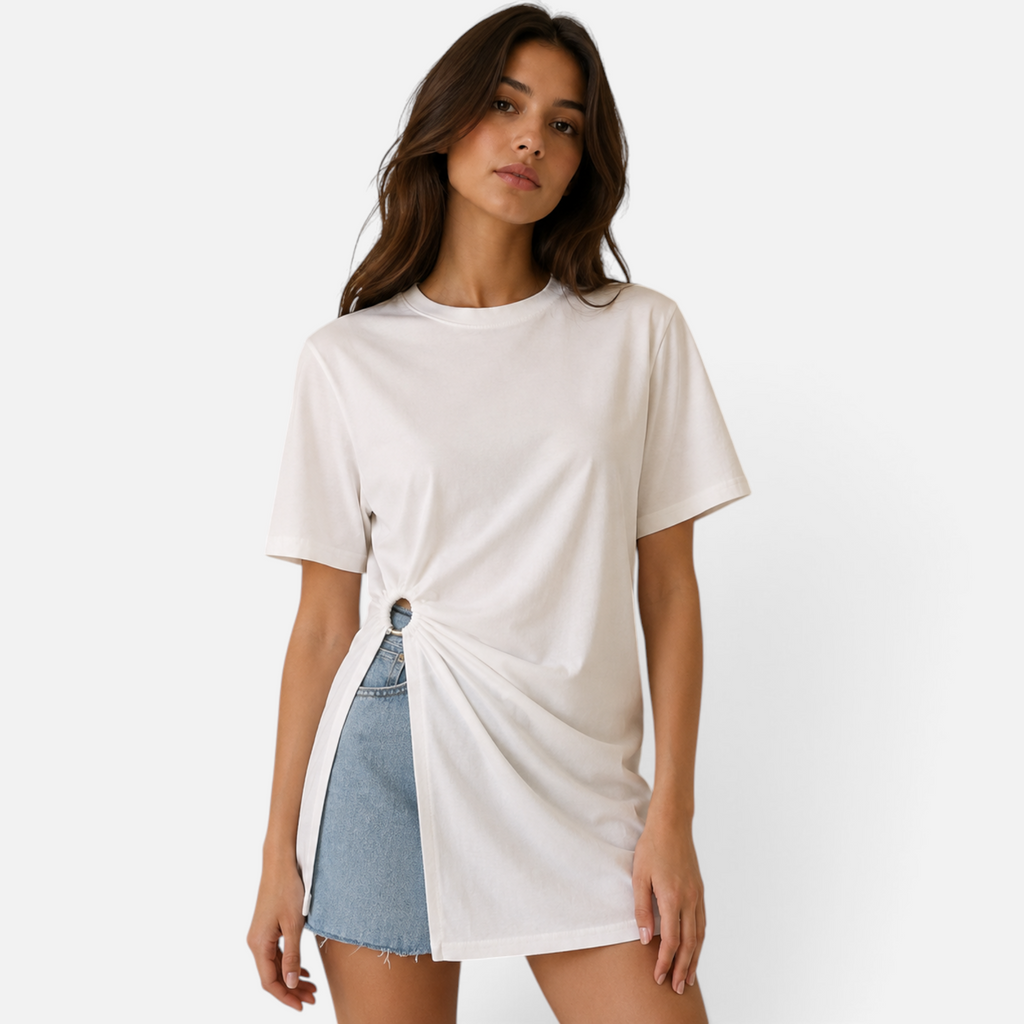Valeniri | Women's Ruched Cotton Top – Slim Fit Short Sleeve Shirt