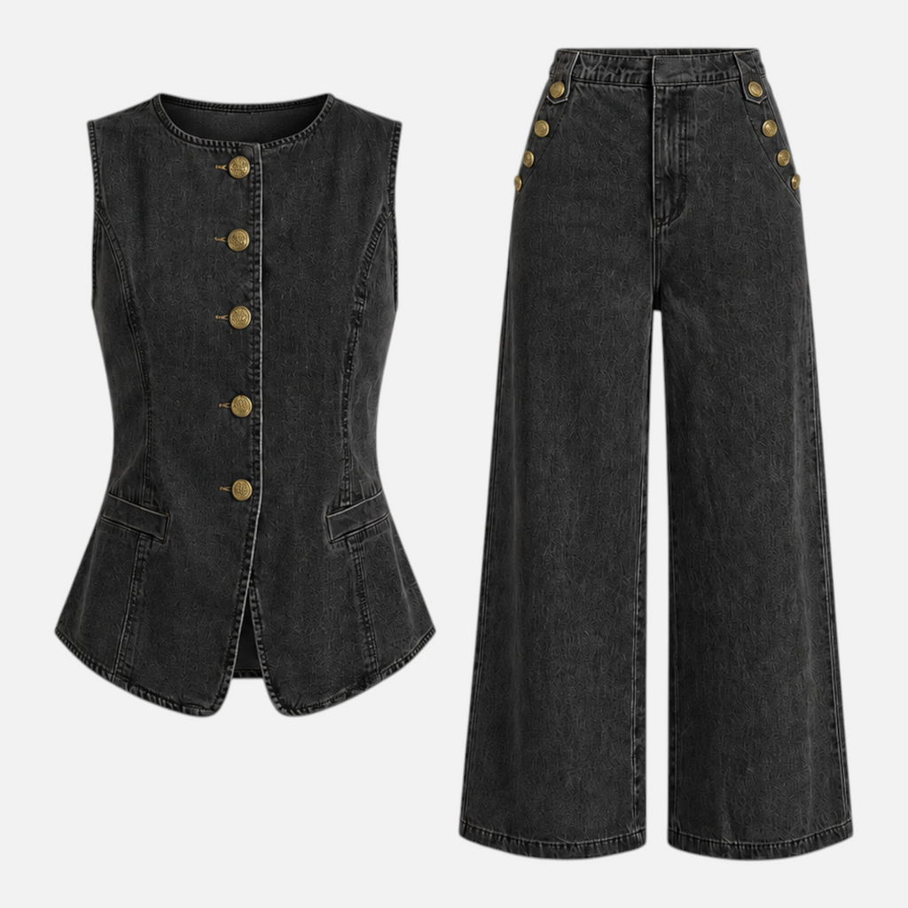 Valeniri | Women's Denim Two-Piece Set Relaxed Fit Button-Up & Wide Leg Pants
