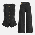 Valeniri | Women's Denim Two-Piece Set Relaxed Fit Button-Up & Wide Leg Pants