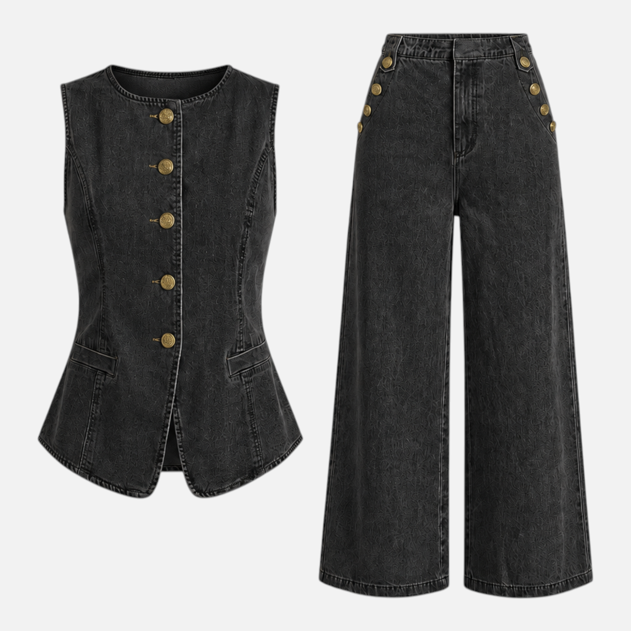 Valeniri | Women's Denim Two-Piece Set Relaxed Fit Button-Up & Wide Leg Pants