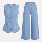 Valeniri | Women's Denim Two-Piece Set Relaxed Fit Button-Up & Wide Leg Pants