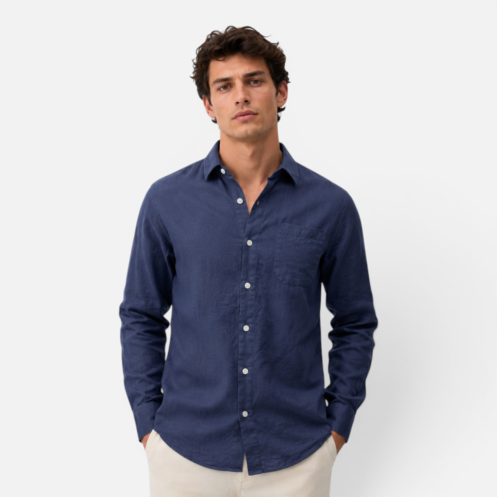 Valeniri Men's Linen Long Sleeve Shirt Classic Loose Fit Button Up