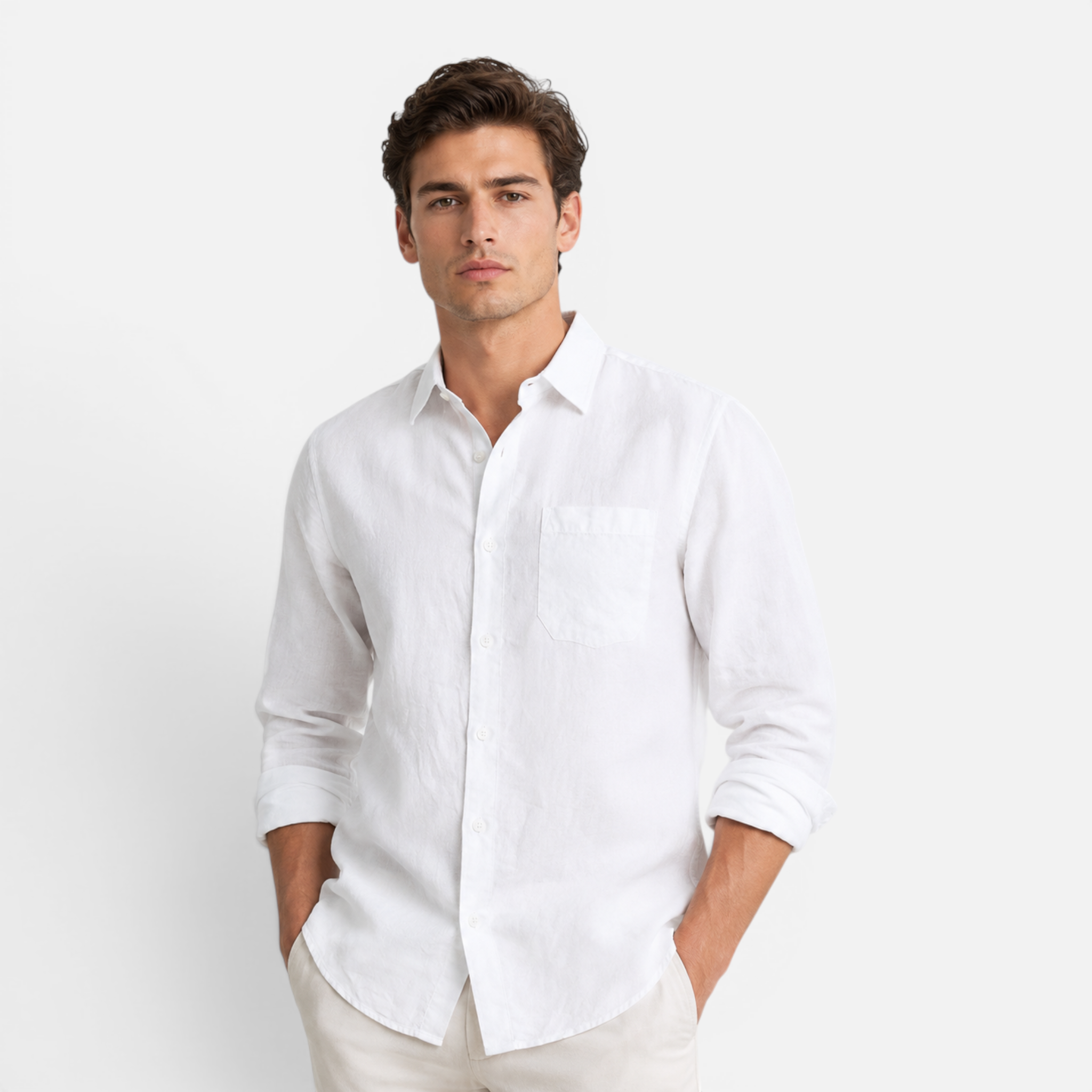 Valeniri Men's Linen Long Sleeve Shirt Classic Loose Fit Button Up