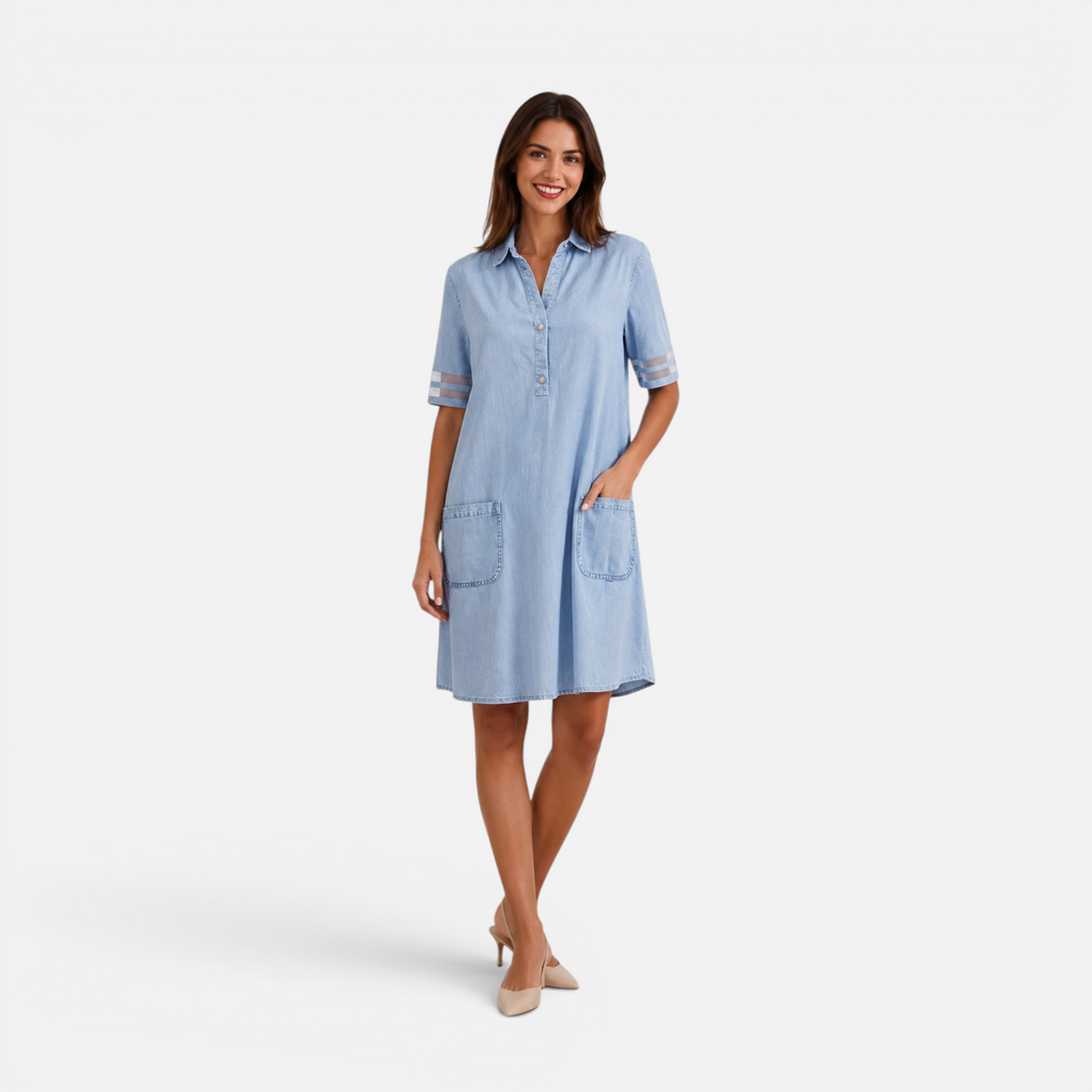 Valeniri | Women's Denim Short Sleeve Mesh Stitching Casual Midi Dress
