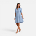 Valeniri | Women's Denim Short Sleeve Mesh Stitching Casual Midi Dress