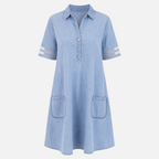 Valeniri | Women's Denim Short Sleeve Mesh Stitching Casual Midi Dress