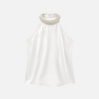 Valeniri | Women's Satin Pearl Neck Top Elegant Sleeveless Stretch Blouse
