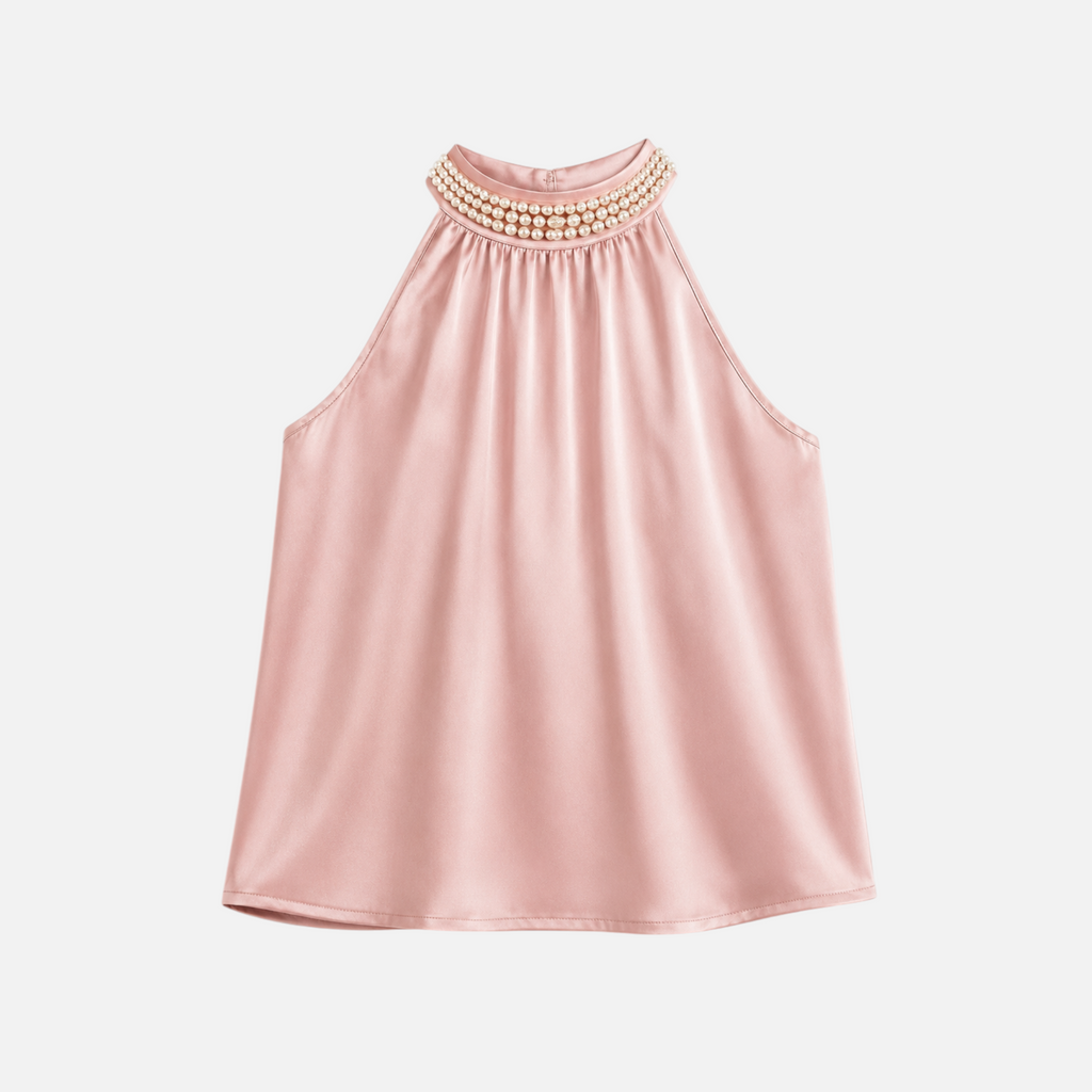 Valeniri | Women's Satin Pearl Neck Top Elegant Sleeveless Stretch Blouse