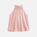 Valeniri | Women's Satin Pearl Neck Top Elegant Sleeveless Stretch Blouse