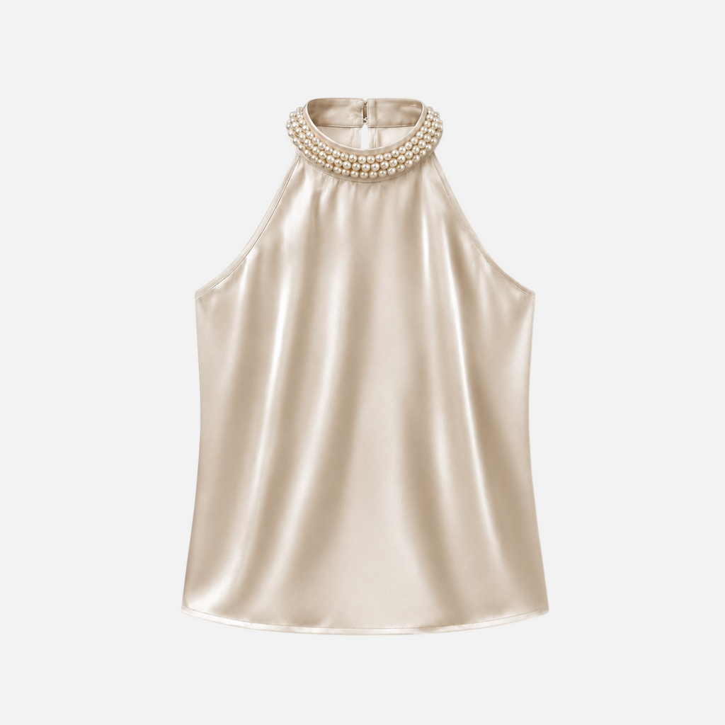 Valeniri | Women's Satin Pearl Neck Top Elegant Sleeveless Stretch Blouse