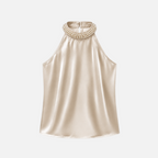 Valeniri | Women's Satin Pearl Neck Top Elegant Sleeveless Stretch Blouse