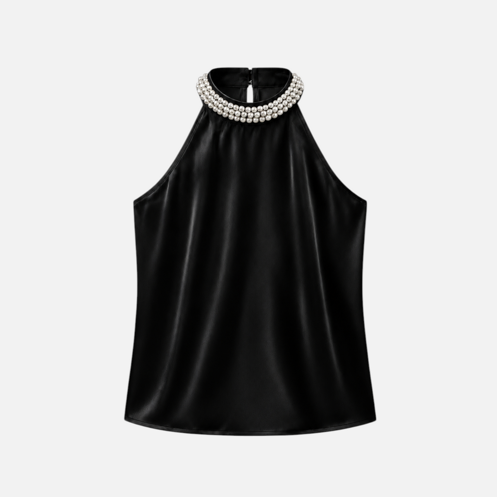 Valeniri | Women's Satin Pearl Neck Top Elegant Sleeveless Stretch Blouse