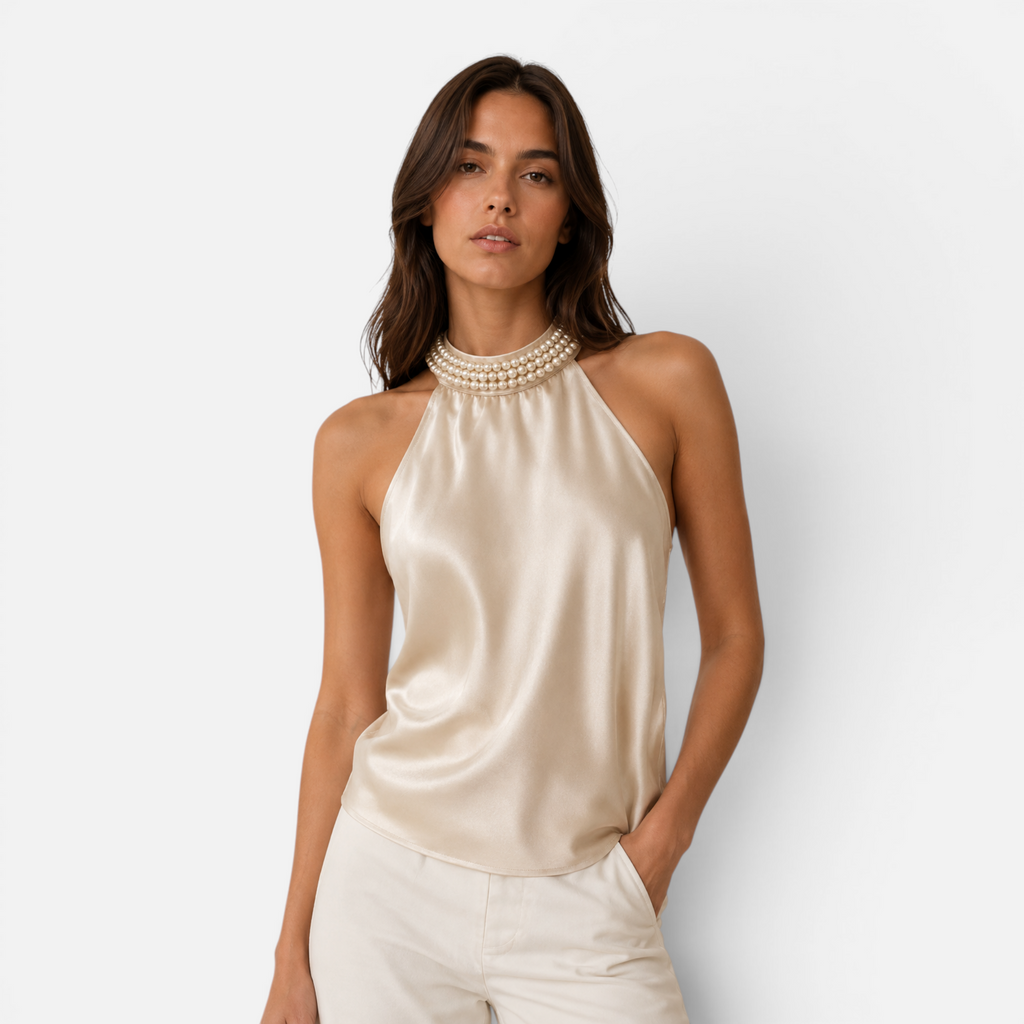 Valeniri | Women's Satin Pearl Neck Top Elegant Sleeveless Stretch Blouse