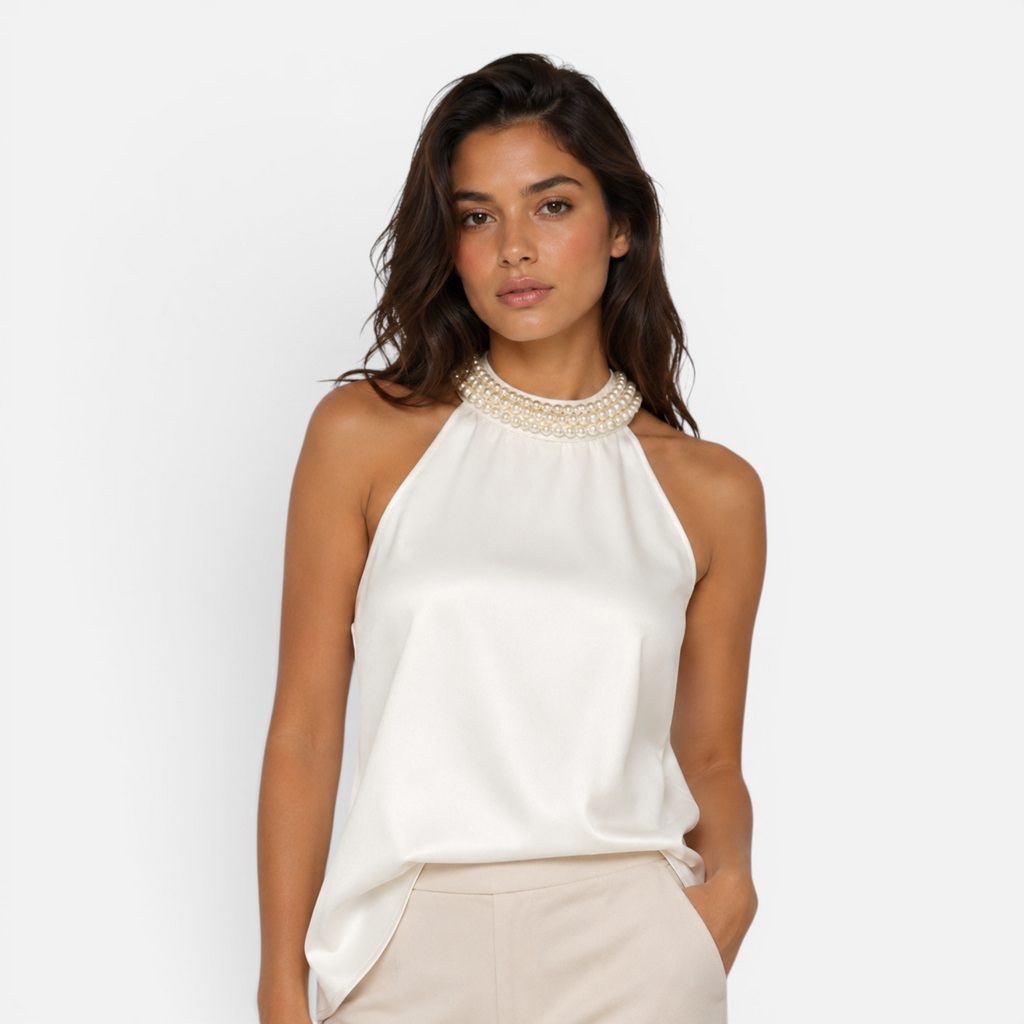 Valeniri | Women's Satin Pearl Neck Top Elegant Sleeveless Stretch Blouse