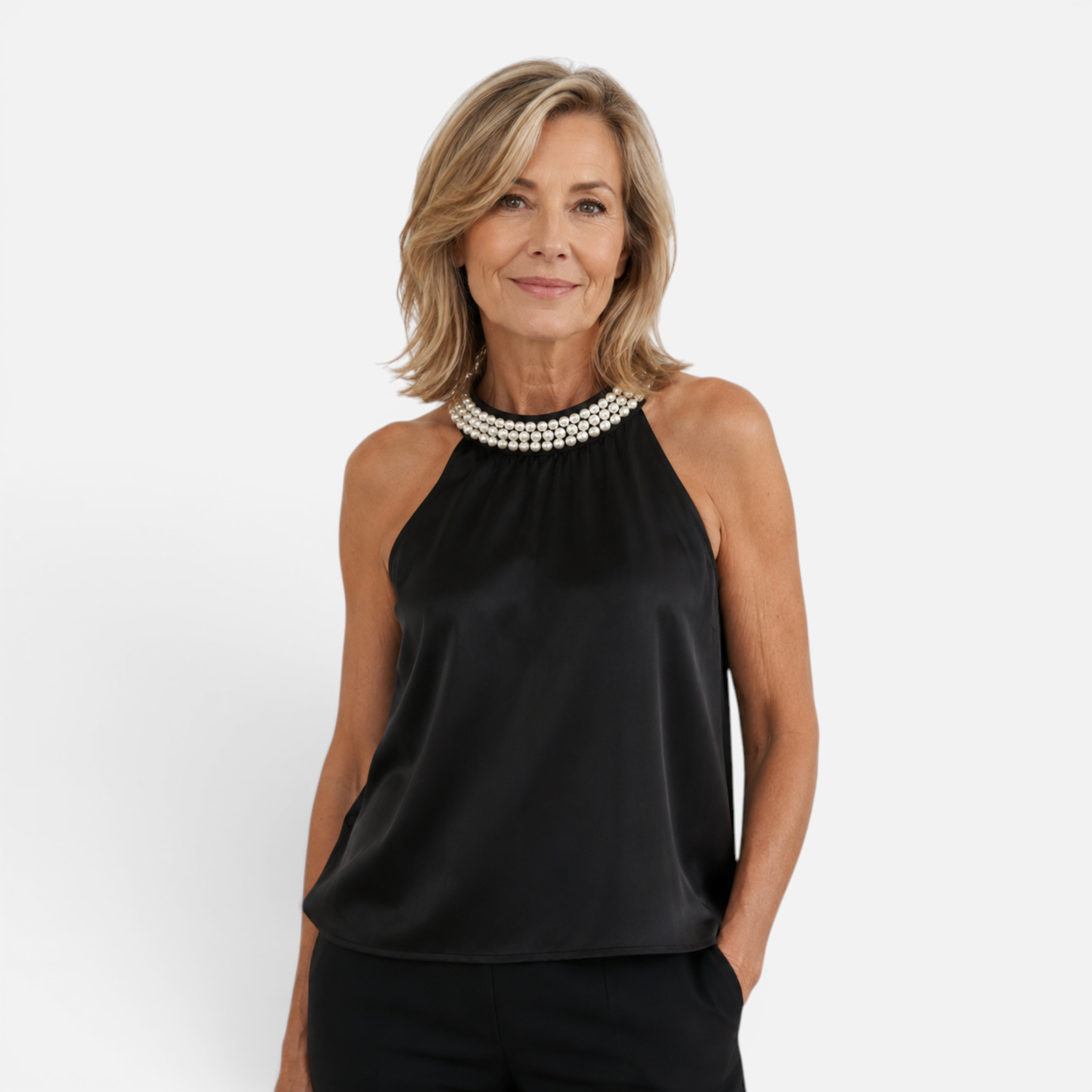 Valeniri | Women's Satin Pearl Neck Top Elegant Sleeveless Stretch Blouse