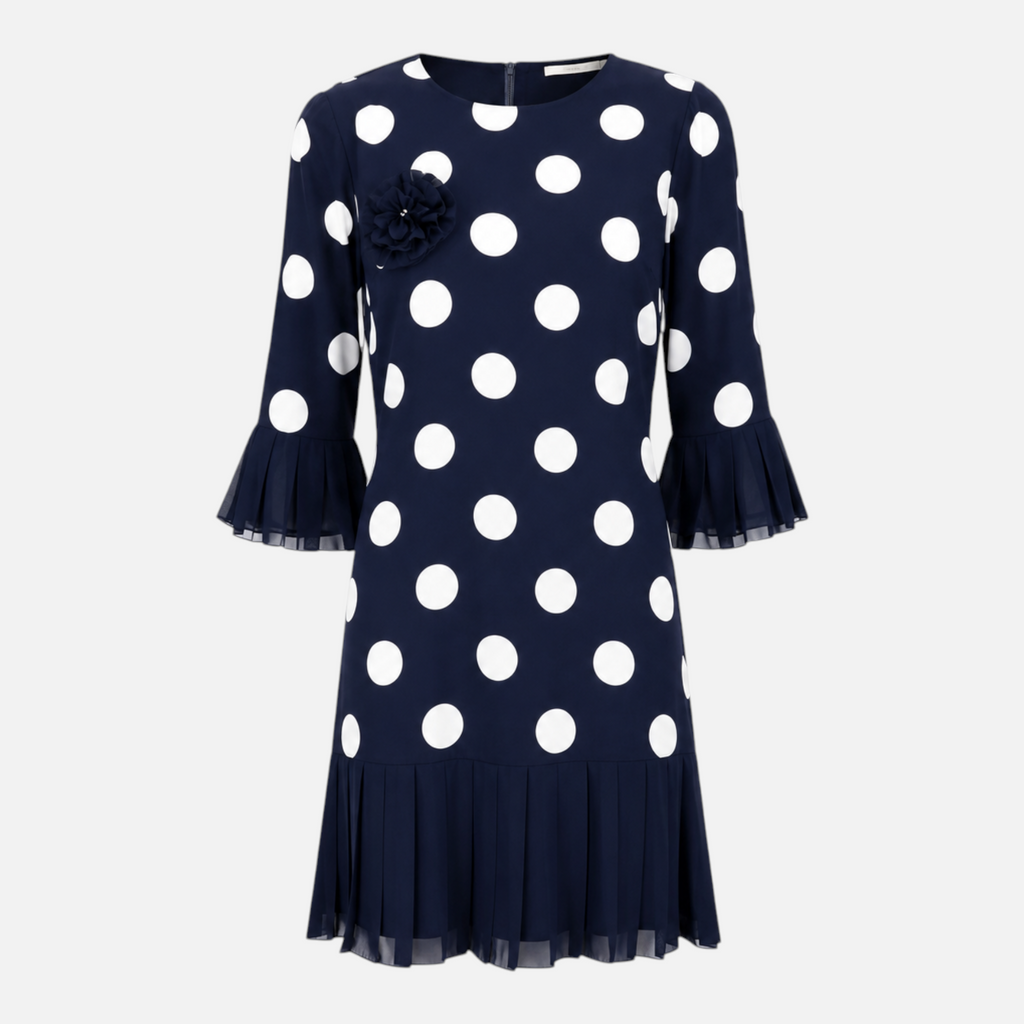 Valeniri | Women's Pleated Polka Dot Dress Short Sleeve Elegant Midi Dress