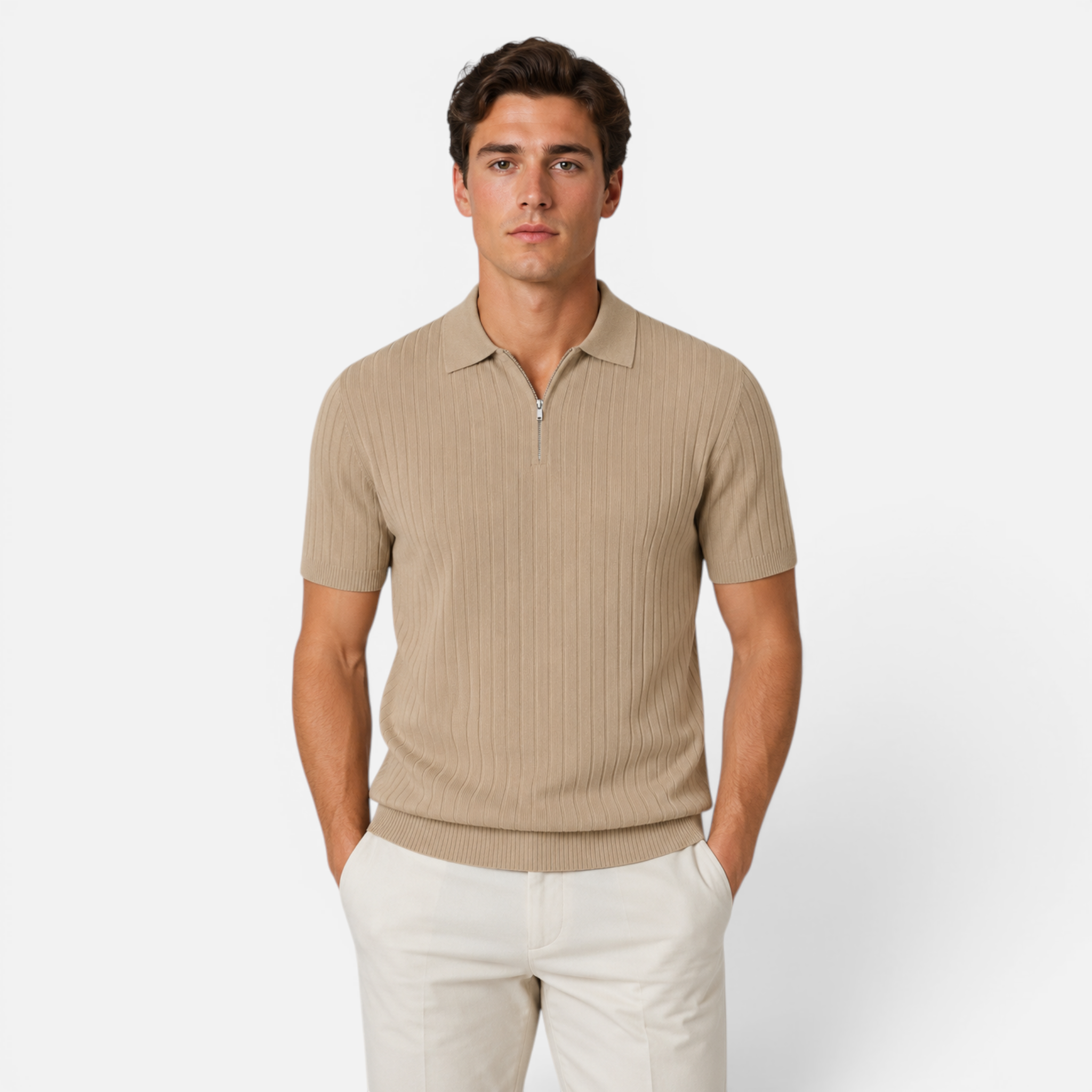 Valeniri | Men's Rib Knit Zip Polo Shirt Short Sleeve Casual Golf Top
