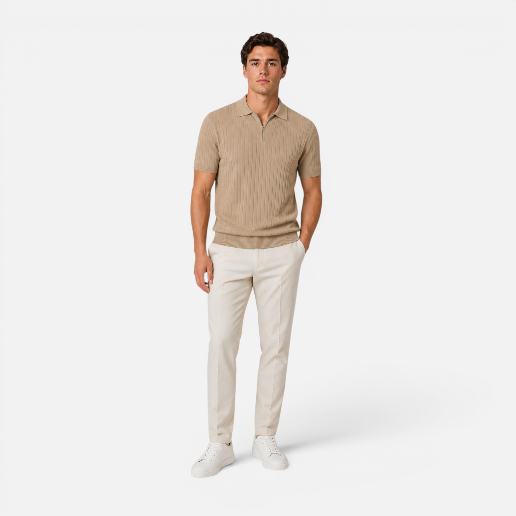 Valeniri | Men's Rib Knit Zip Polo Shirt Short Sleeve Casual Golf Top