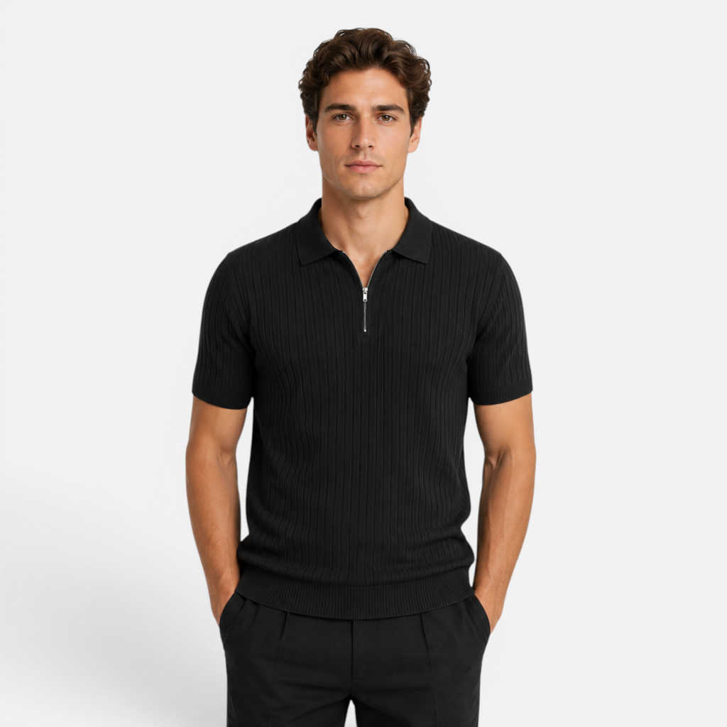 Valeniri | Men's Rib Knit Zip Polo Shirt Short Sleeve Casual Golf Top