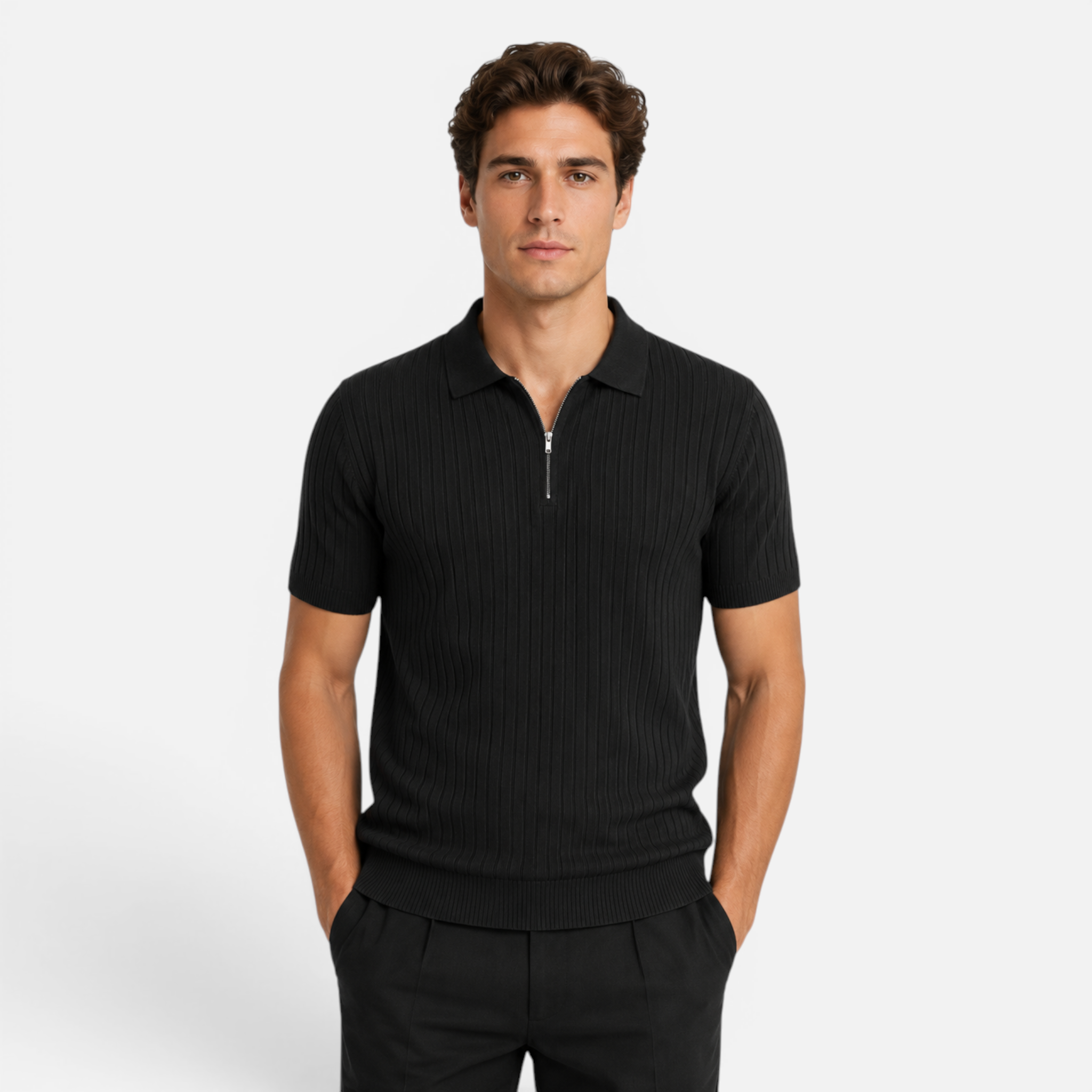 Valeniri | Men's Rib Knit Zip Polo Shirt Short Sleeve Casual Golf Top
