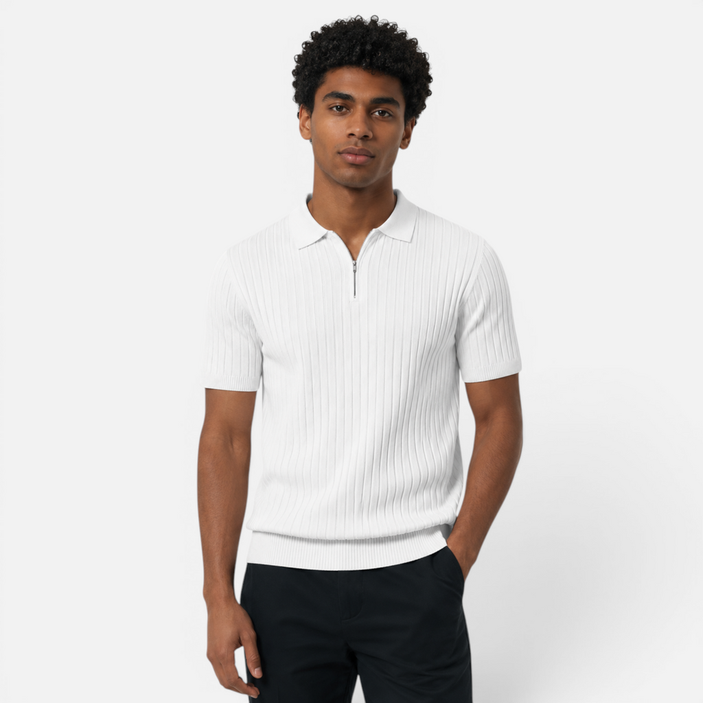 Valeniri | Men's Rib Knit Zip Polo Shirt Short Sleeve Casual Golf Top