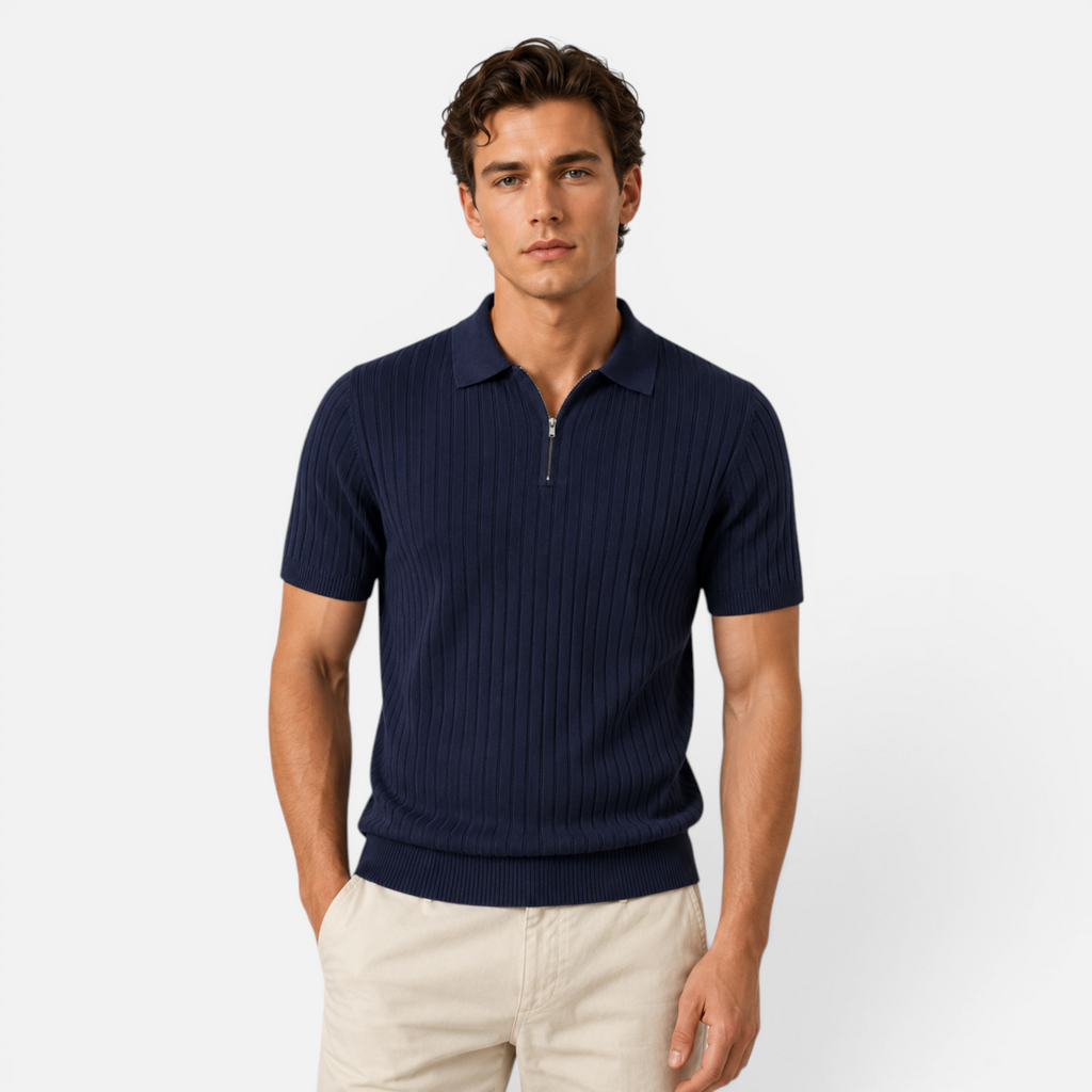 Valeniri | Men's Rib Knit Zip Polo Shirt Short Sleeve Casual Golf Top