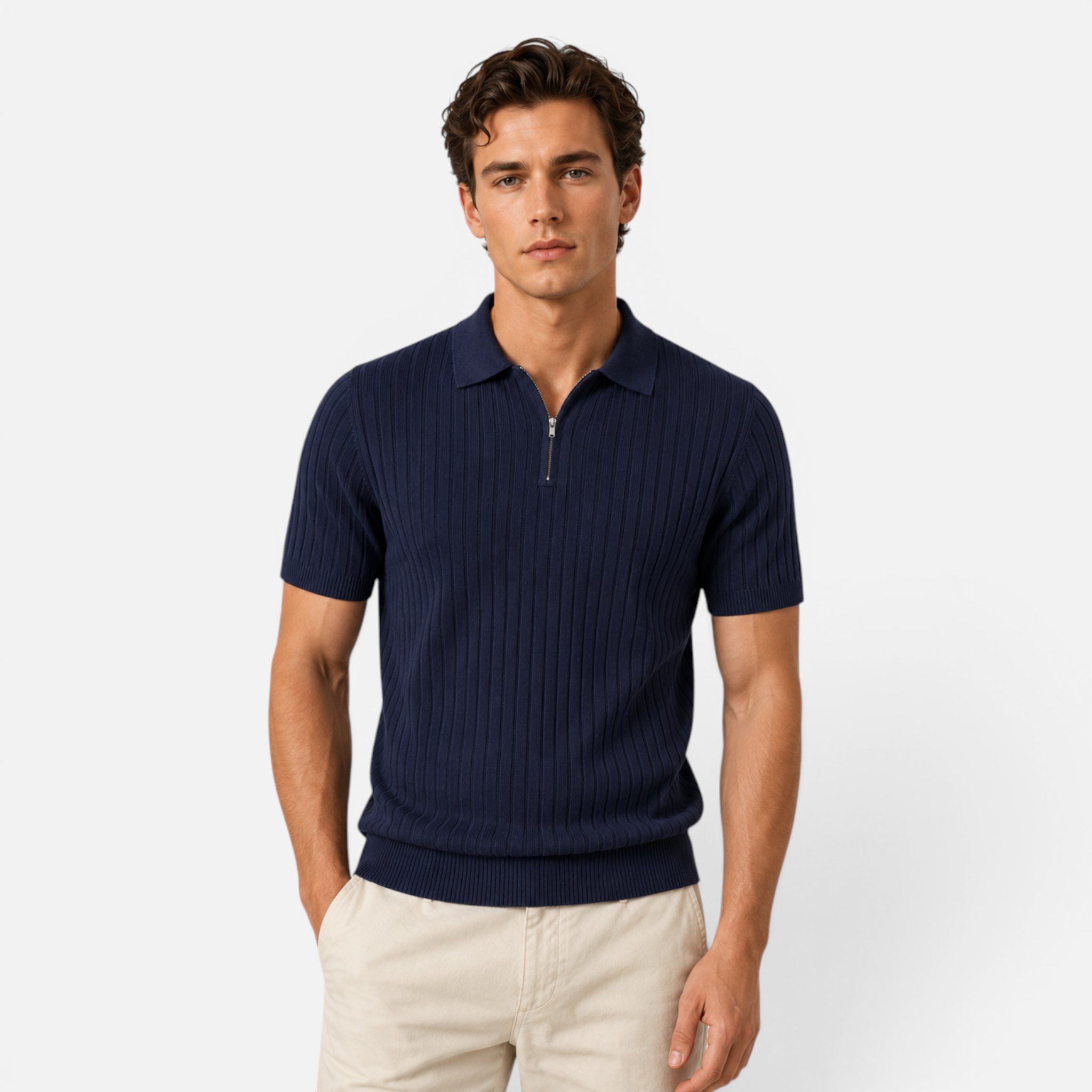 Valeniri | Men's Rib Knit Zip Polo Shirt Short Sleeve Casual Golf Top