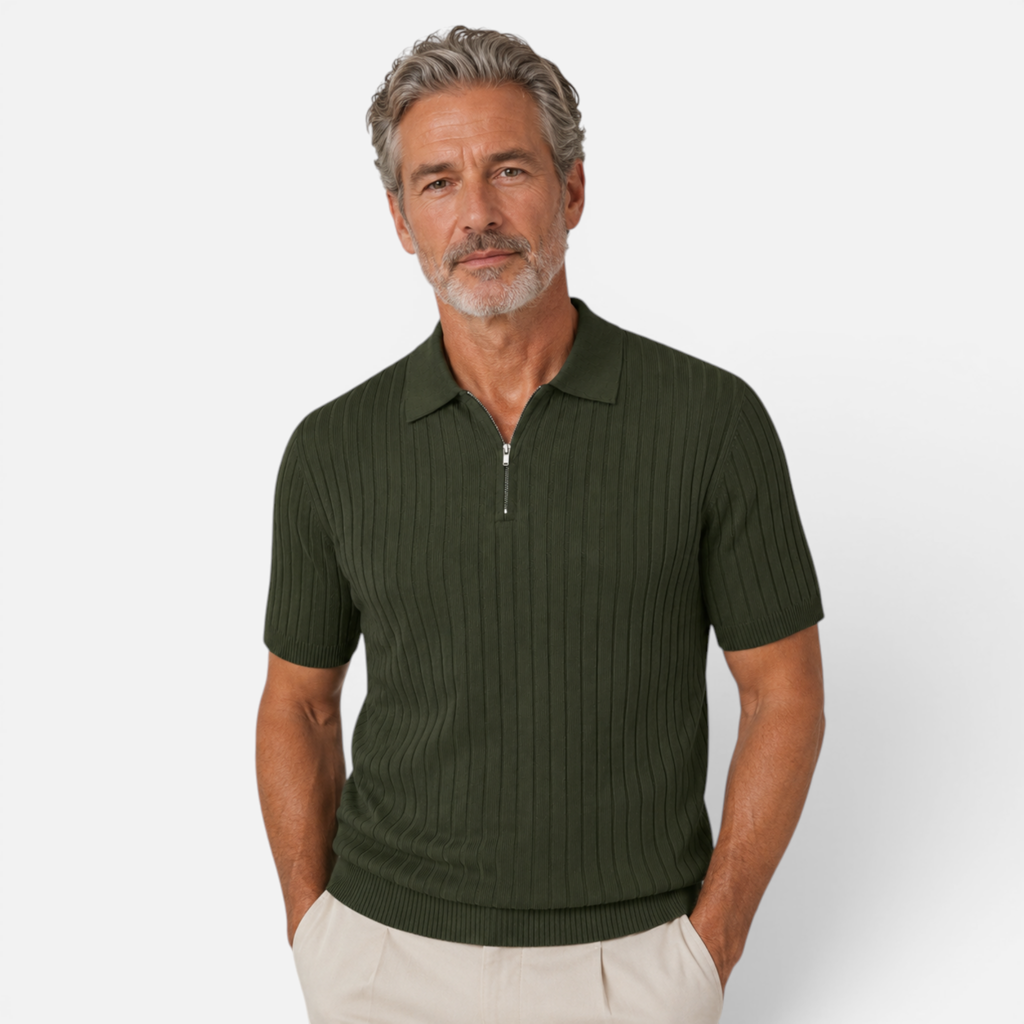 Valeniri | Men's Rib Knit Zip Polo Shirt Short Sleeve Casual Golf Top