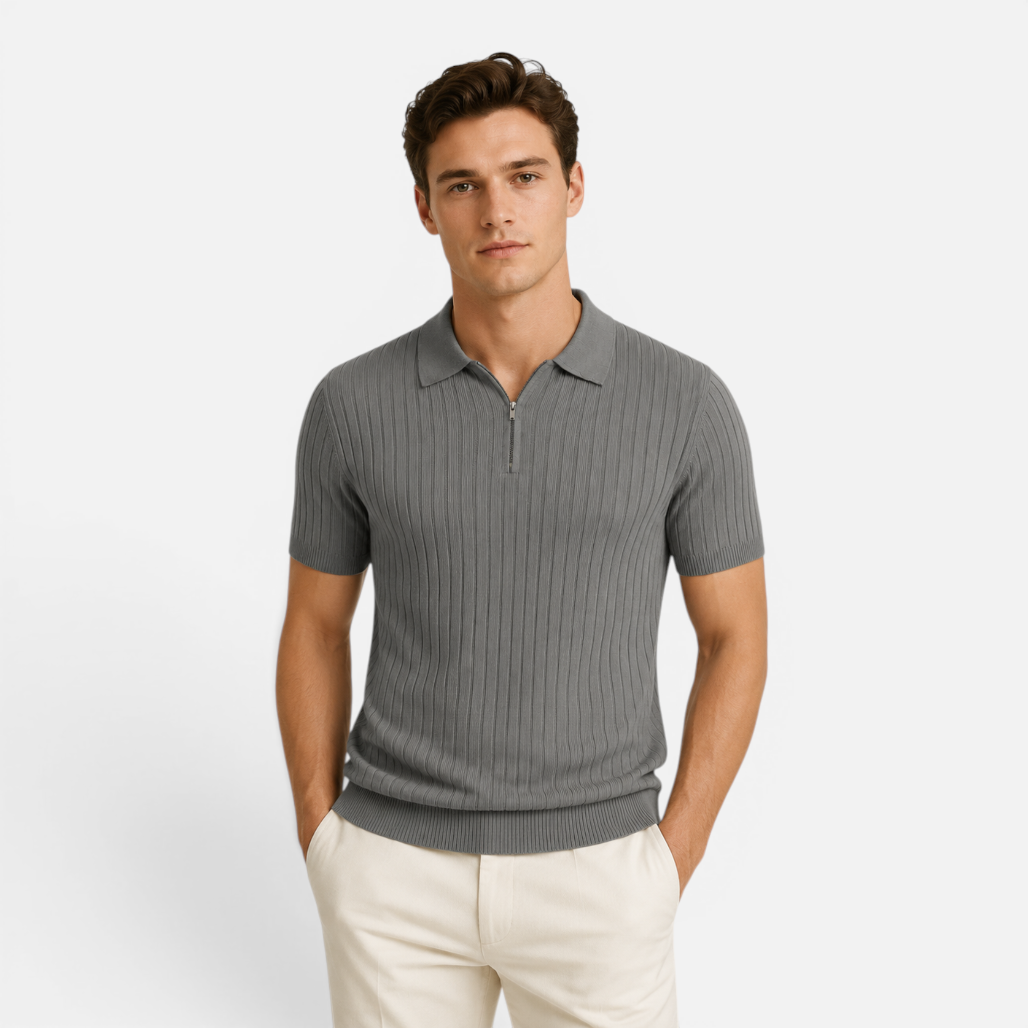 Valeniri | Men's Rib Knit Zip Polo Shirt Short Sleeve Casual Golf Top