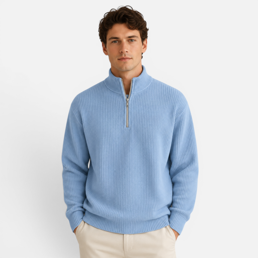 Valeniri | Men's Waffle Knit Quarter Zip Sweater Relaxed Fit Long Sleeve