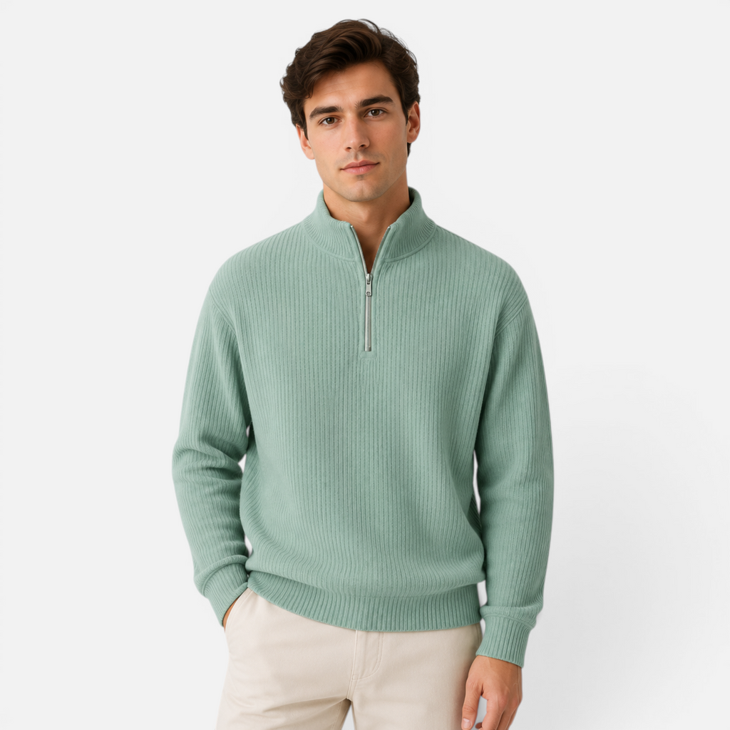 Valeniri | Men's Waffle Knit Quarter Zip Sweater Relaxed Fit Long Sleeve