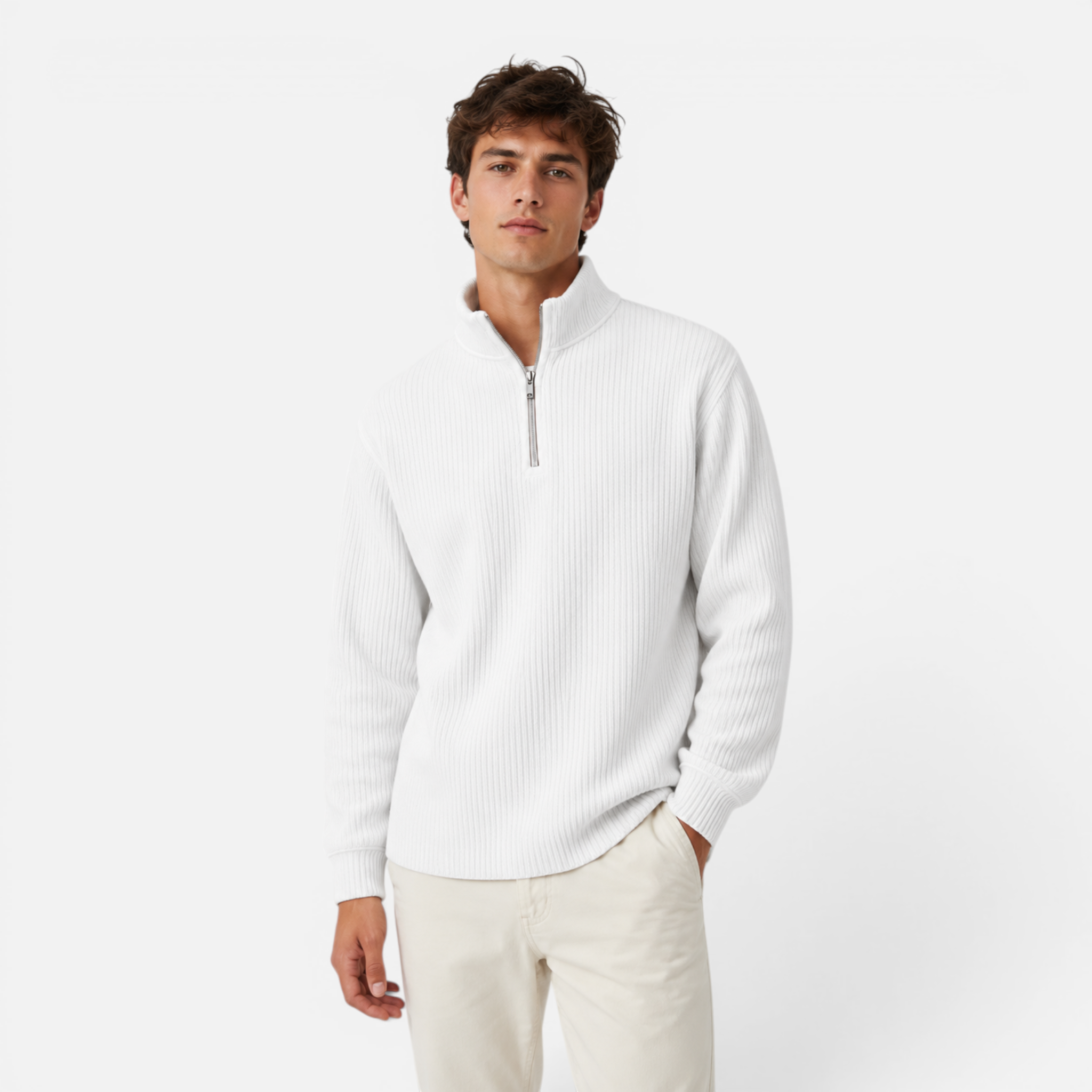 Valeniri | Men's Waffle Knit Quarter Zip Sweater Relaxed Fit Long Sleeve