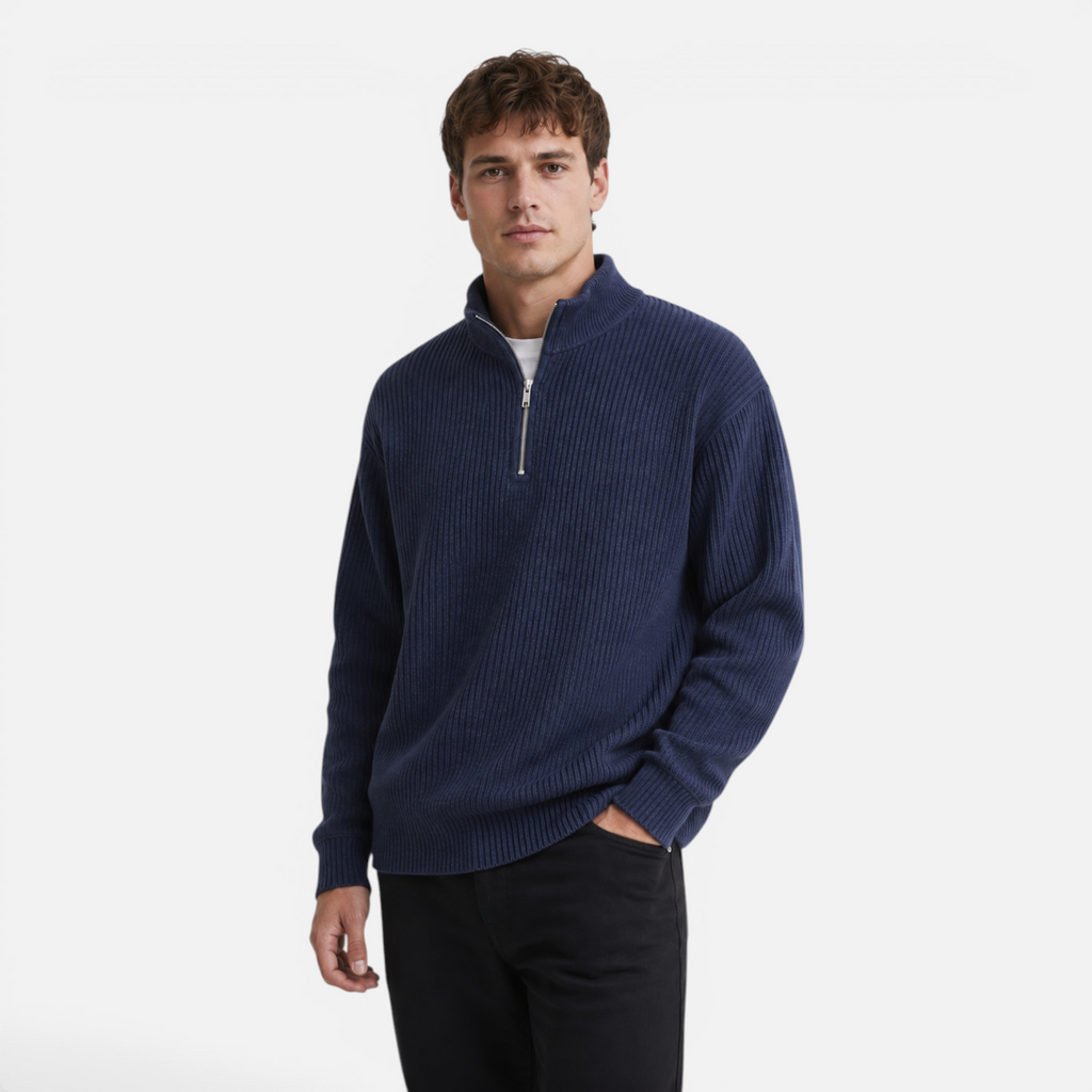 Valeniri | Men's Waffle Knit Quarter Zip Sweater Relaxed Fit Long Sleeve