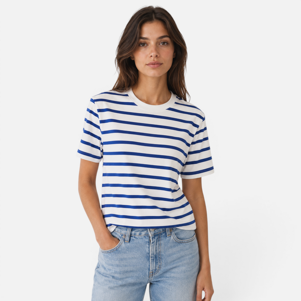Valeniri | Women's Cotton Striped Crew Neck T-Shirt Loose Fit Short Sleeve
