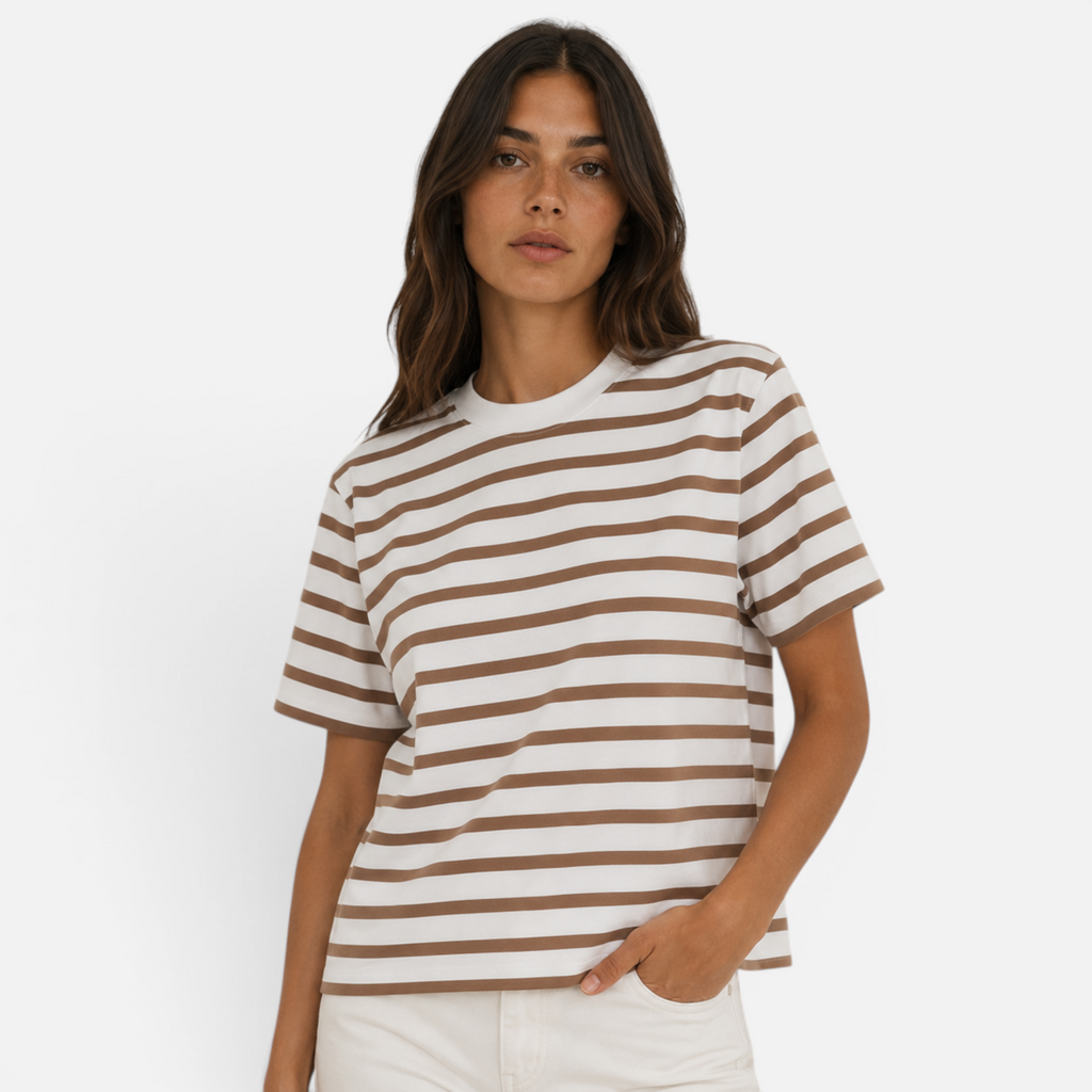 Valeniri | Women's Cotton Striped Crew Neck T-Shirt Loose Fit Short Sleeve