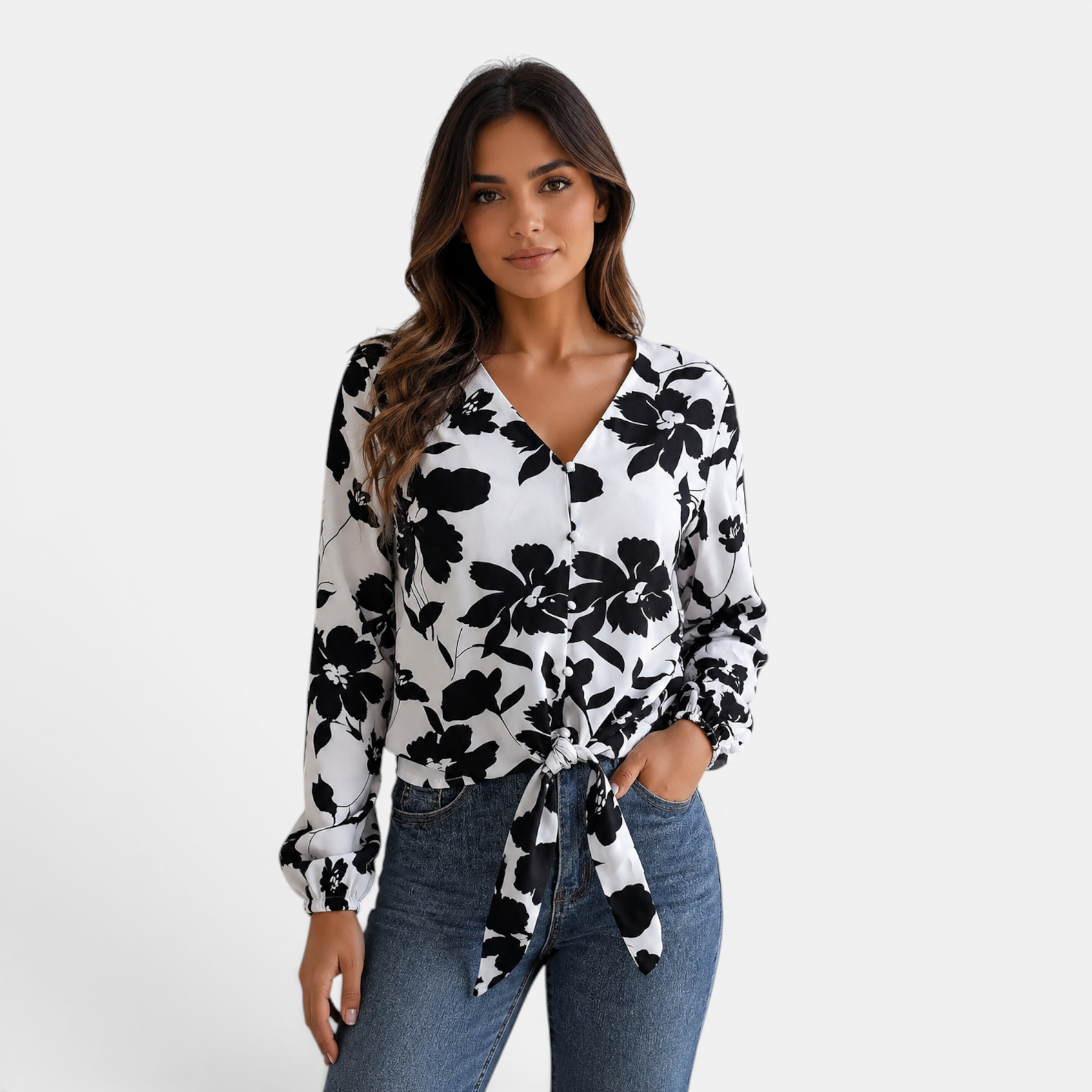 Valeniri | Women's Floral Chiffon Blouse Tie Waist Long Sleeve Top