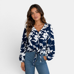 Valeniri | Women's Floral Chiffon Blouse Tie Waist Long Sleeve Top