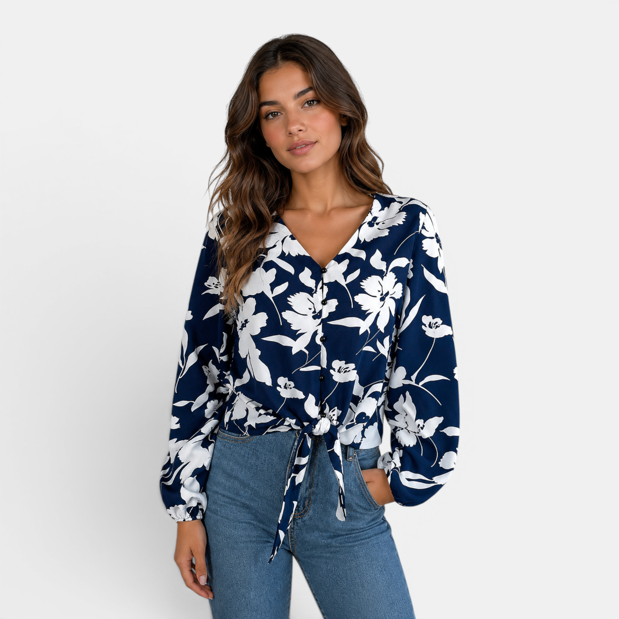 Valeniri | Women's Floral Chiffon Blouse Tie Waist Long Sleeve Top