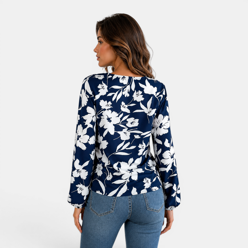 Valeniri | Women's Floral Chiffon Blouse Tie Waist Long Sleeve Top