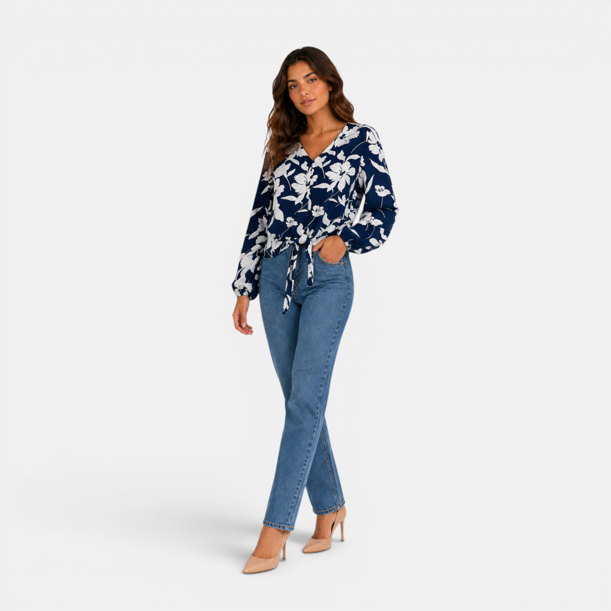 Valeniri | Women's Floral Chiffon Blouse Tie Waist Long Sleeve Top