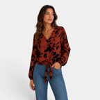 Valeniri | Women's Floral Chiffon Blouse Tie Waist Long Sleeve Top