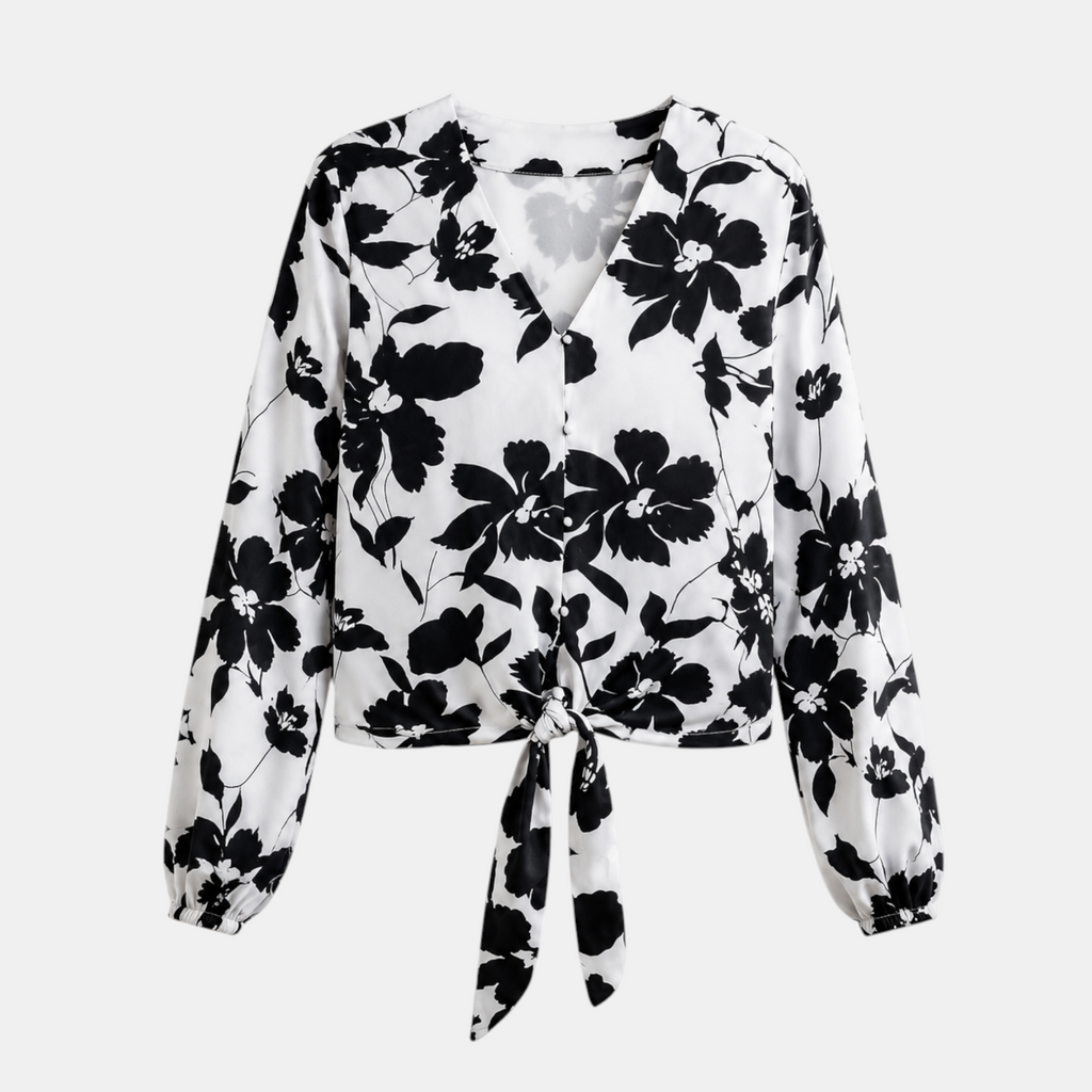 Valeniri | Women's Floral Chiffon Blouse Tie Waist Long Sleeve Top