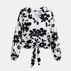 Valeniri | Women's Floral Chiffon Blouse Tie Waist Long Sleeve Top