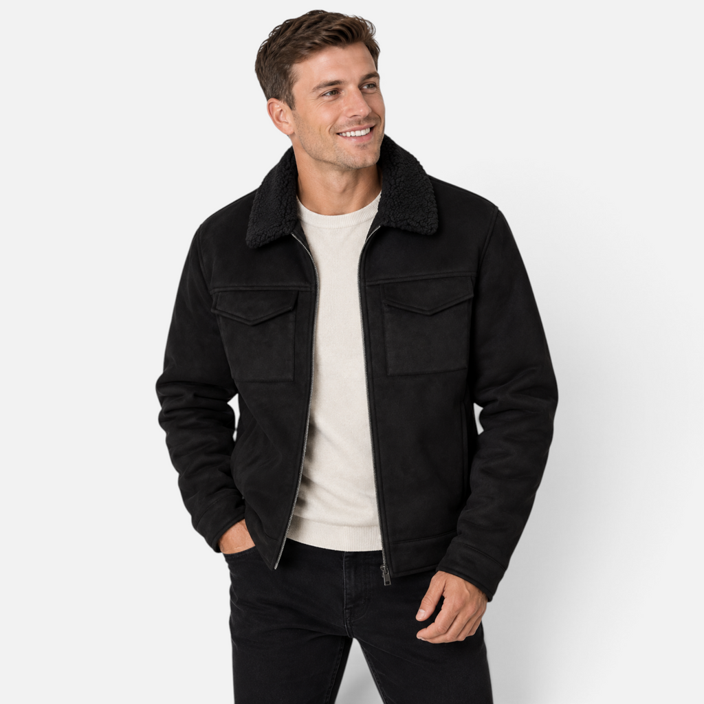 Valeniri | Men’s Faux Shearling Jacket – Slim Fit Suede Fur Collar Coat