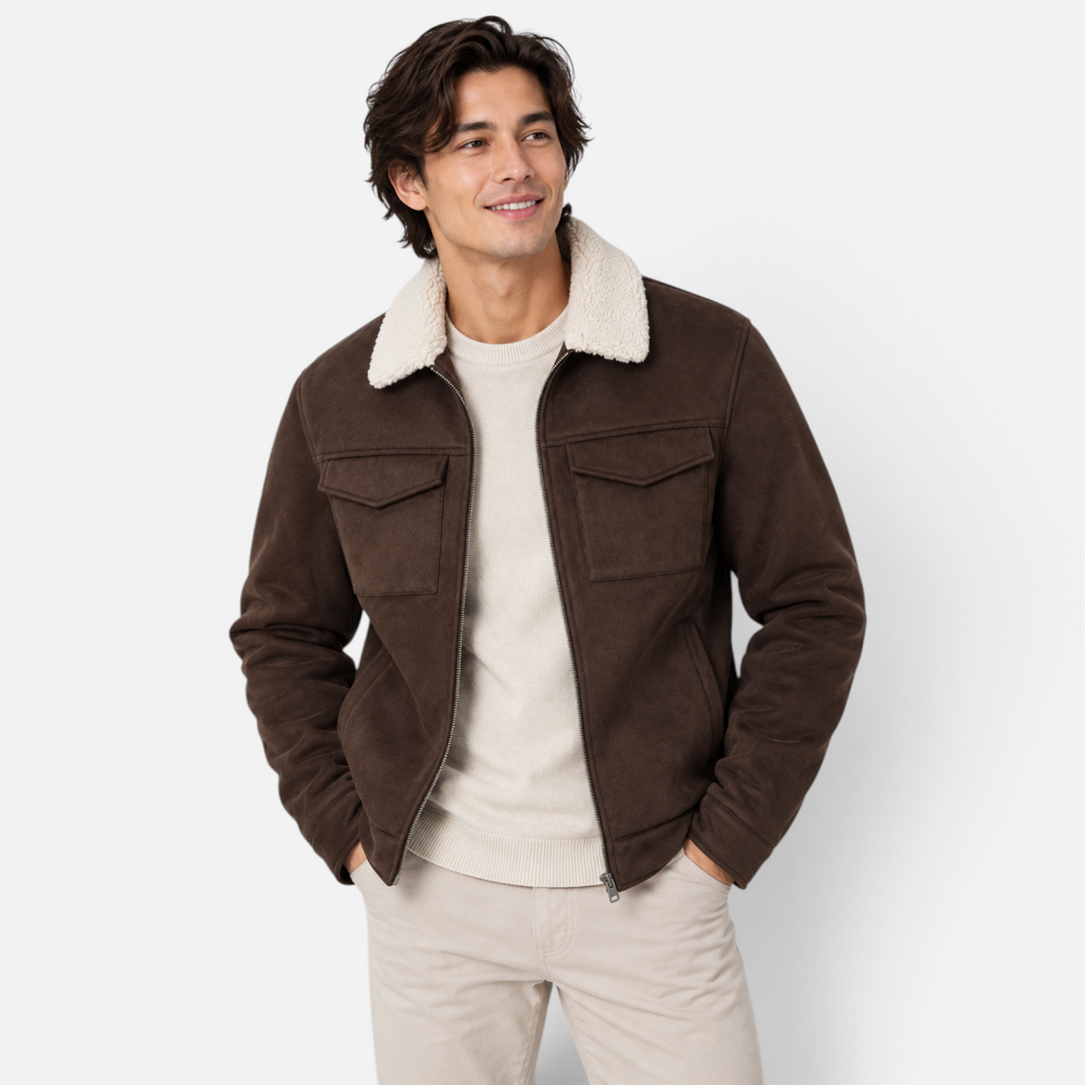 Valeniri | Men’s Faux Shearling Jacket – Slim Fit Suede Fur Collar Coat