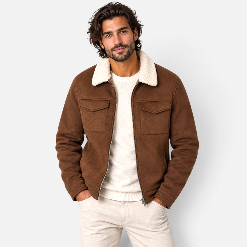 Valeniri | Men’s Faux Shearling Jacket – Slim Fit Suede Fur Collar Coat