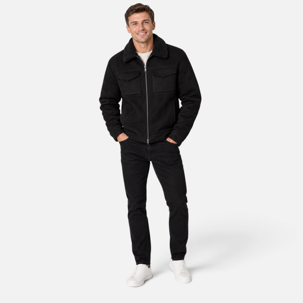 Valeniri | Men’s Faux Shearling Jacket – Slim Fit Suede Fur Collar Coat
