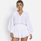 Valeniri | Women’s Long Sleeve Playsuit – Ruffle Hem Button-Up Romper