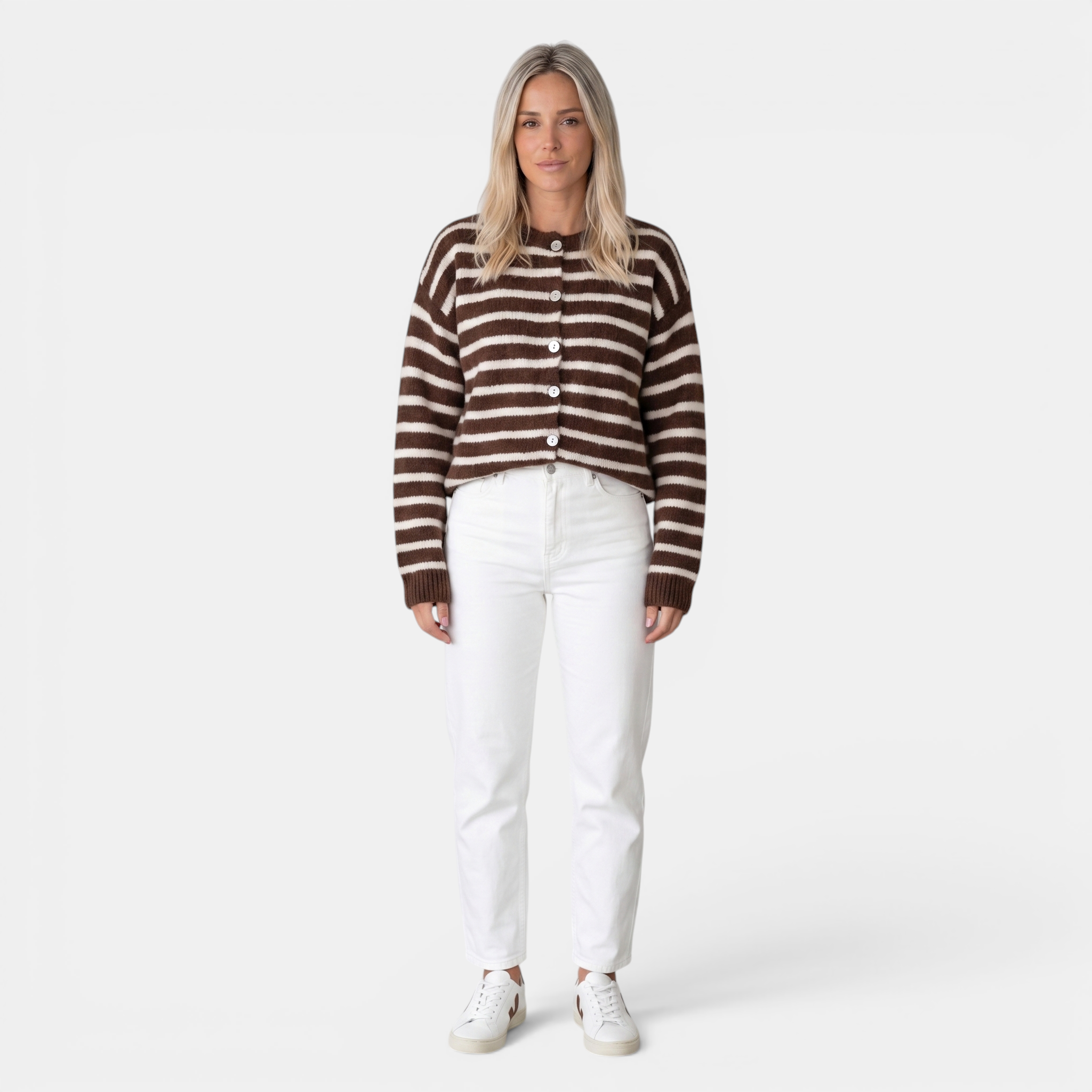 Valeniri | Women's Knit Cardigan Sweater Classic Stripe Long Sleeve