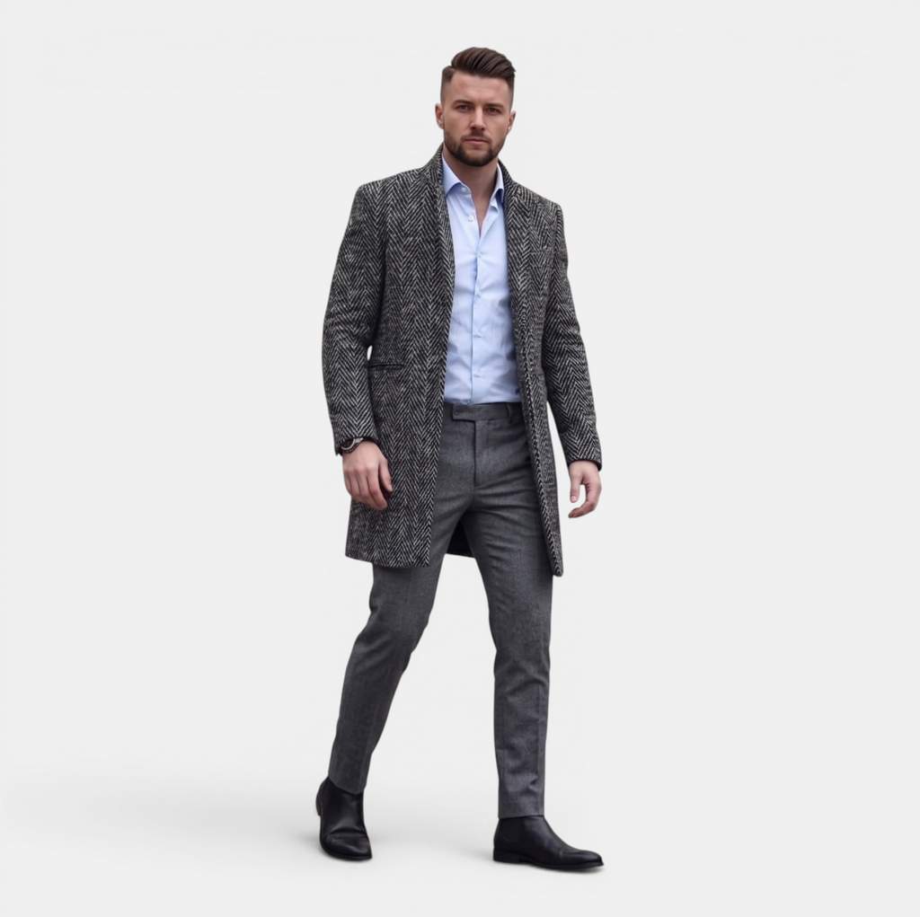 Valeniri | Men's Herringbone Wool Blend Trench Coat Classic Mid Length